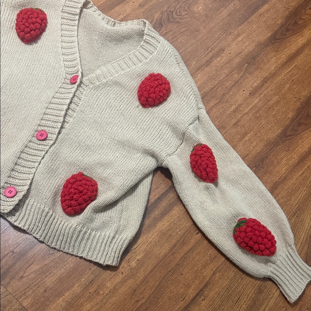 Strawberry Patterned Beige Sweater - image 8
